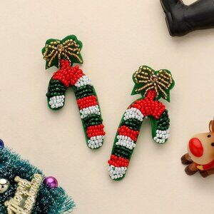 Candy Cane Seed Beaded Artisan Christmas Holiday Statement Earrings